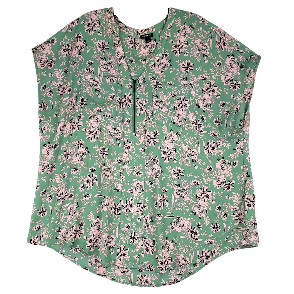 Torrid Harper Georgette Blouse‎ Womens 1 Green Pink Floral Zip Front Boho Office